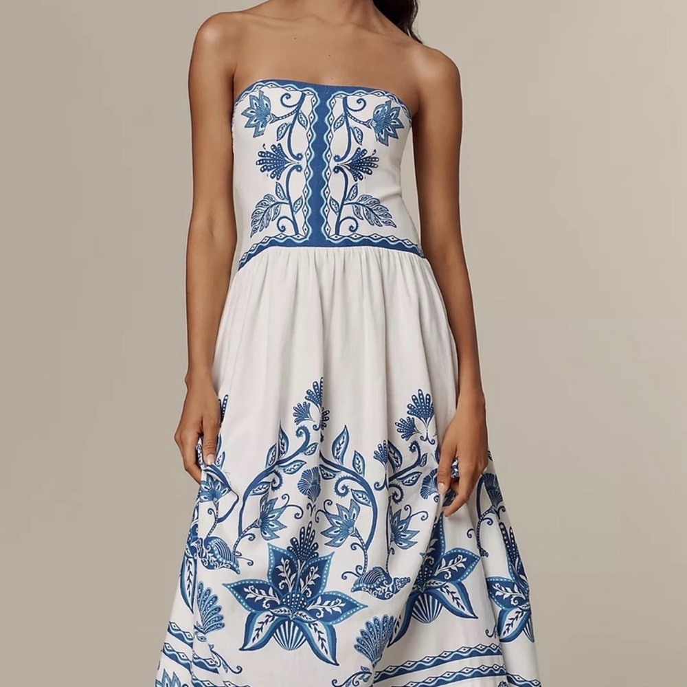 FARM RIO Blue & White Spaghetti-Strap Maxi Dress - Picture 12 of 14